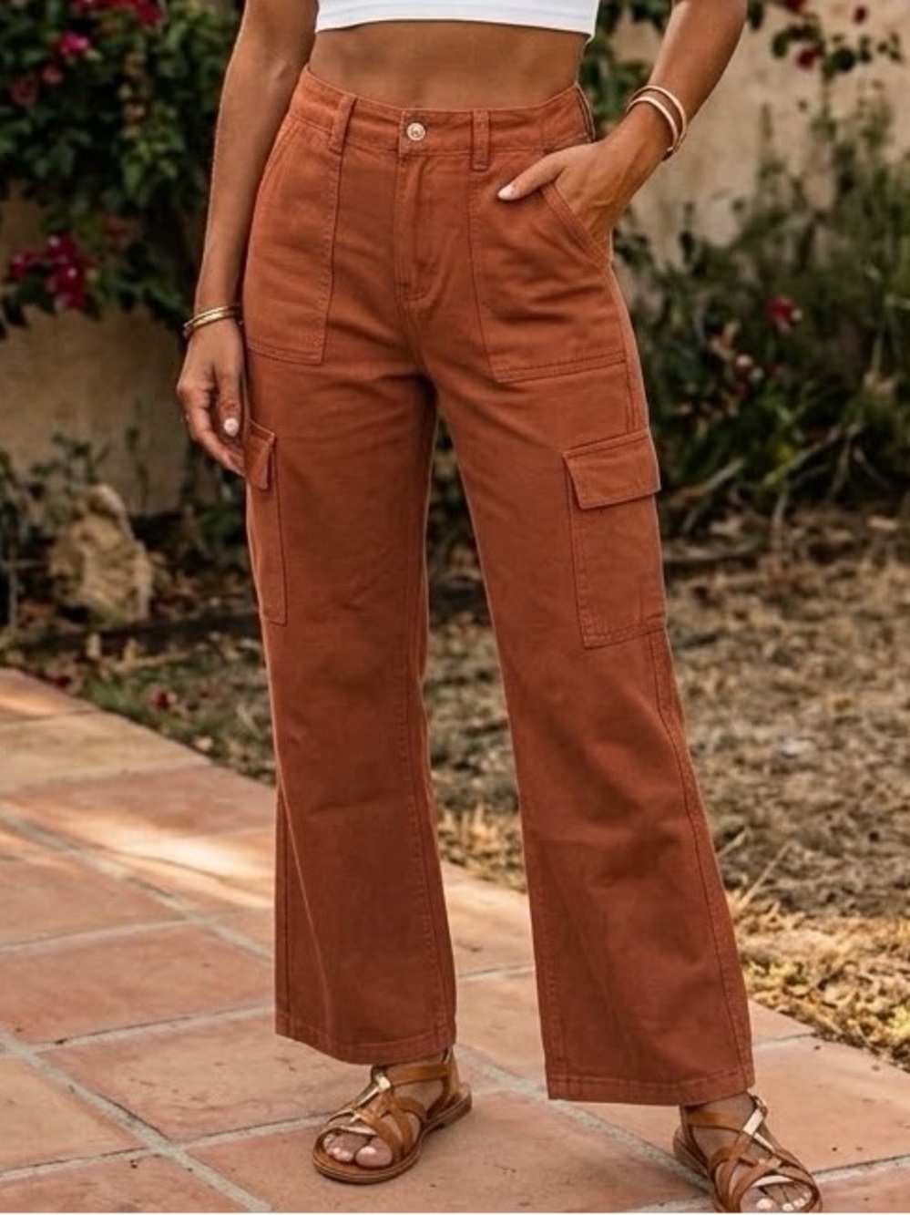 NEW Size 4 Broadway 38 Brown Cotton Denim High Rise Wide Leg Cargo Pocket Pants